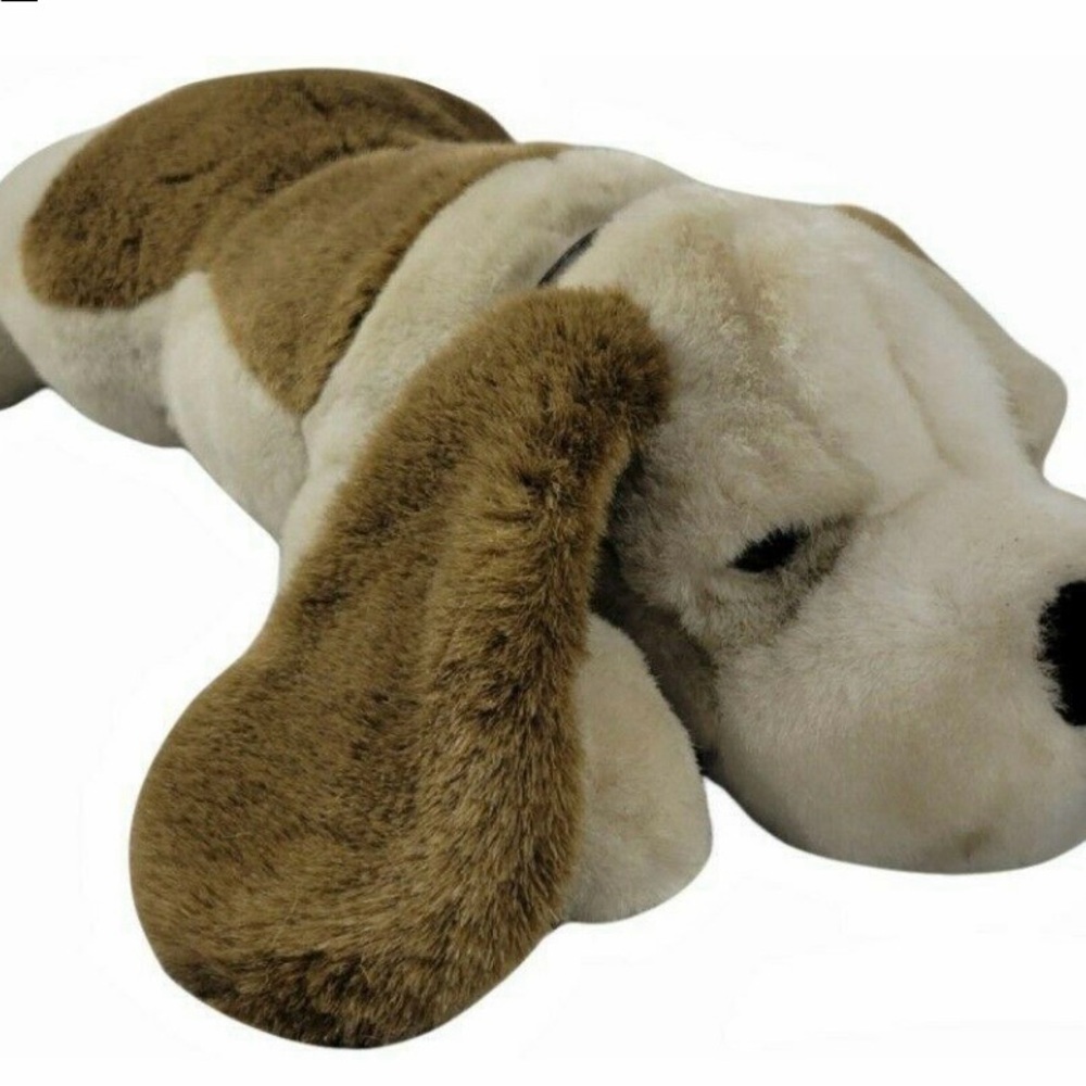🐶ISO/In Search Of: Vintage, Brown/taupe &White 24” plush dog by YangJee Korea🐶